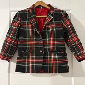 Officina Kids Red Green Plaid Blazer Jacket Lined Button Front Italy Holidays SM
